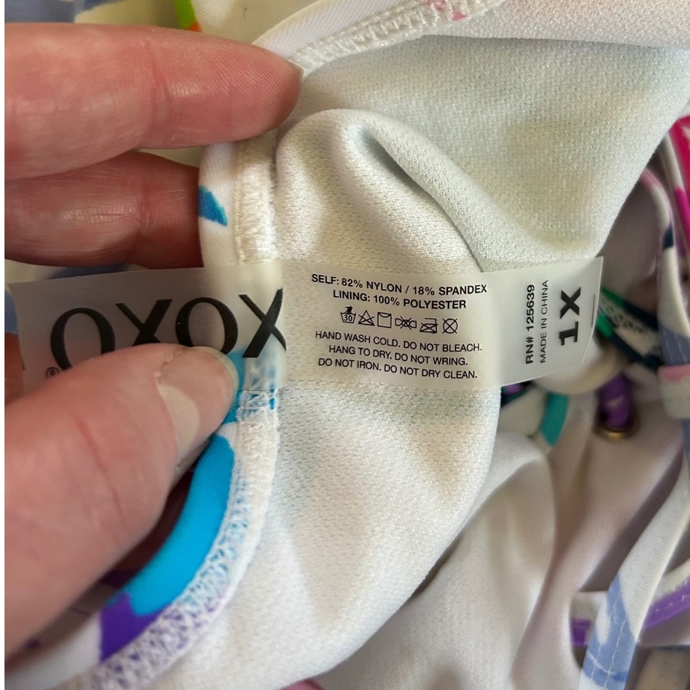 XOXO White and Colorful Tropical‎ Print Tie One Piece Ruffle Swimsuit Women's 1X - Picture 8 of 8